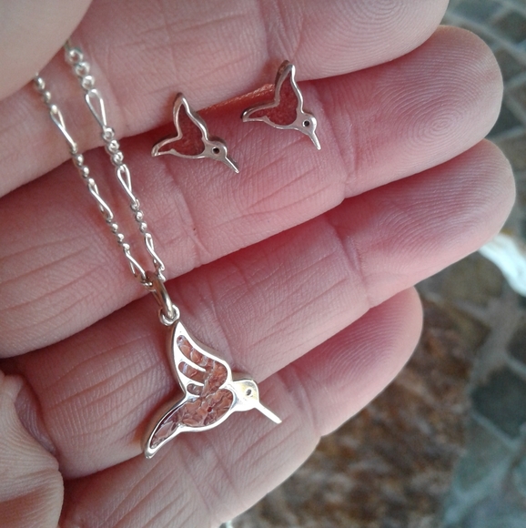 Sterling Silver Vintage Red Coral Hummingbird necklace SET - Picture 5 of 9